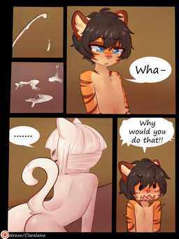 anthro blush bodily_fluids brown_body brown_fur butt cum dialogue duo female fur genital_fluids hair male male/female nude open_mouth orange_body orange_fur patreon_logo speech_bubble striped_body striped_fur stripes text white_body white_fur young young_anthro young_female young_male young_on_young aoizuri patreon ghost_(claralaine) ken_(claralaine) domestic_cat felid feline felis ghost mammal spirit 2018 3:4 comic digital_media_(artwork) english_text hi_res