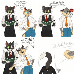 4_panel_comic accessory anthro black_bottomwear black_clothing black_pants blue_bottomwear blue_clothing blue_pants blue_sclera book bottomwear clothing collared_shirt dialogue dress_shirt duo green_sclera grey_clothing grey_topwear grey_vest hitting hitting_another holding_book holding_object humor male male/male necktie orange_necktie pants red_necktie rolled_up_sleeves shirt shocked tag_(game) text topwear vest whiskers sleepylynxxes lackadaisy mordecai_heller rocky_rickaby domestic_cat felid feline felis mammal absurd_res handwritten_text hi_res