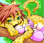 anthro breasts female green_eyes leopard_spots plant solo spots tail tree wood momiji_yu-ga felid leopard mammal pantherine low_res