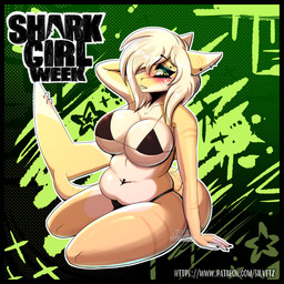 anthro bikini blush blush_lines breasts clothed clothing eyebrow_piercing eyebrows eyeliner facial_piercing female furgonomics furry-specific_piercing makeup mascara navel navel_piercing nipples non-mammal_breasts non-mammal_navel non-mammal_nipples overweight overweight_female piercing slightly_chubby slightly_chubby_anthro slightly_chubby_female solo swimwear tail tail_piercing text thick_thighs two-piece_swimsuit wide_hips silvetz fish lemon_shark marine requiem_shark shark 1:1 absurd_res hi_res shaded url watermark