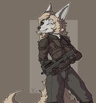 anthro clothing combat_gloves female gun harness one_eye_closed p90 ranged_weapon solo submachine_gun uniform weapon wink alexandrys mofu_(lucky424) canid canine fennec_fox fox mammal true_fox