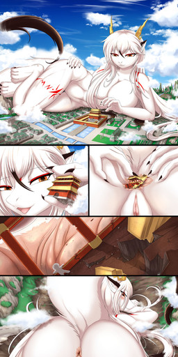 4_toes 5_fingers anal anal_masturbation anal_penetration anal_vore anthro areola black_highlights blush breast_grab breasts building_insertion building_sex butt cloud debris destruction feet female fingers fur fur_markings genitals grass hair hand_on_breast highlights_(coloring) landscape_dwarfing macro markings masturbation nipples object_in_ass object_vore open_mouth penetration plant plantigrade sky tail temple thick_thighs toes tree vore vulva water white_hair wide_hips son2j mythology sona_(son2j) dragon mythological_creature mythological_scalie scalie 2022 absurd_res hi_res