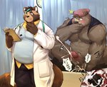 anthro balls belly big_belly blush bodily_fluids bottomwear brown_body clothing cum detailed_background doctor ejaculation erection genital_fluids genitals group hat headgear headwear inside kemono male male/male medical_instrument overweight overweight_male pants patient penis scientific_instrument sex uken_l bear canid canine mammal raccoon_dog tanuki 2021 absurd_res hi_res