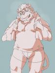 anthro bulge clothing eyewear glasses humanoid_hands kemono male shirt simple_background slightly_chubby solo topwear towel underwear train5 train_(artist) felid lion mammal pantherine 2020