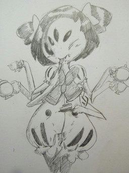 accessory anthro black_eyes blush bow_(feature) bow_accessory bow_ribbon clothing container cup cutlery dress eating fangs female fork hair_accessory hair_bow hair_ribbon kitchen_utensils multi_eye multi_limb one_eye_closed ribbons smile solo tea_cup teapot teeth tools twin_bows twin_hair_bows wink vono undertale undertale_(series) muffet arachnid arthropod spider 2015 3:4 hi_res monochrome