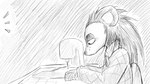 anthro clothing desk emanata female freckles furniture kerchief looking_down neckerchief sewing sewing_machine sitting solo sweater table topwear dragonweirdo animal_crossing nintendo sable_able eulipotyphlan hedgehog mammal 16:9 dialogue_in_description greyscale hi_res monochrome widescreen