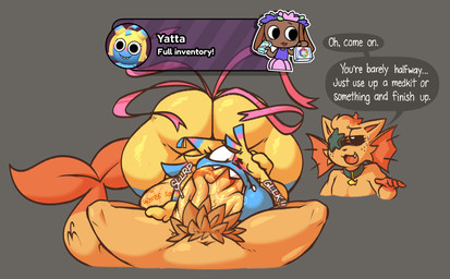 anthro balls balls_in_mouth big_balls big_butt big_penis biped bodily_fluids body_writing brown_sclera butt cheek_tuft collar collar_tag deep_throat dialogue duo erection eyelashes facial_tuft fangs fellatio female fin fish_tail freckled_face freckles fur gameplay_mechanics genitals gloves_(marking) hand_on_head hand_on_leg head_fin head_tuft huge_balls huge_penis huge_thighs humanoid_genitalia humanoid_penis hyper hyper_balls hyper_genitalia hyper_penis male male/female markings multicolored_body navel nude onomatopoeia open_mouth oral oral_penetration orange_body orange_fur penetration penile penis pinata pubes saliva scales scaly_tail sex sharp_teeth simple_background sound_effects starfish_(accessory) sweat sweaty_balls sweaty_genitalia tail tears teeth text thick_thighs tongue tuft two_tone_body vein veiny_penis yellow_body konaise blushcrunch_studio dandy's_world bassie_(dandy's_world) yatta_(dandy's_world) animate_inanimate aquatic asterozoan domestic_cat echinoderm felid feline felis hybrid living_pinata mammal starfish 2026 absurd_res colored digital_drawing_(artwork) digital_media_(artwork) english_text handwritten_text hi_res shaded