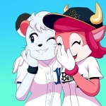 anthro baseball_(sport) baseball_uniform black_nose blue_background blue_eyes blue_nose breasts button_(fastener) clothed clothing duo eyebrows eyelashes eyes_closed female fur grin hair hat headgear headwear horn laugh mascot one_eye_closed open_mouth pink_hair shirt simple_background smile sport sportswear teeth text text_on_clothing text_on_hat text_on_headwear text_on_shirt text_on_topwear tongue topwear uniform white_body white_fur white_hair lonbluewolf girls_laughing_(meme) nippon_professional_baseball orix_buffaloes saitama_seibu_lions buffalo_bell lina_(saitama_seibu_lions) bovid bovine felid lion mammal pantherine true_buffalo water_buffalo 1:1 2016 digital_media_(artwork) english_text meme reaction_image