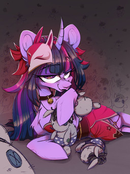 bedroom_eyes bell bell_collar bottomwear chest_tuft clothing collar female feral horn looking_at_viewer mask narrowed_eyes plushie seductive skirt solo tuft wacky-skiff friendship_is_magic hasbro my_little_pony mythology smartypants_(mlp) twilight_sparkle_(mlp) equid equine mammal mythological_creature mythological_equine unicorn hi_res