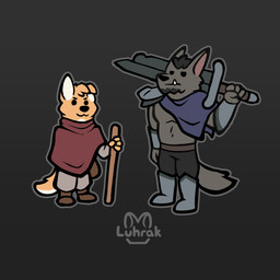 adventurer anthro armor beard boots bored bottomwear cape cloak clothed clothing duo ears_up facial_hair fangs floppy_ears footwear fur grey_background hair head_tuft looking_at_viewer male male/male melee_weapon orange_body orange_fur outline pants poncho shoes shoulder_pads simple_background smile sword sword_on_shoulder tail teeth tuft weapon weapon_on_shoulder luhrak canid canine canis domestic_dog mammal wolf 1:1 cel_shading digital_media_(artwork) shaded simple_shading