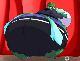 anthro big_breasts big_butt biped bottomwear breasts bubble_butt butt cleavage clothed clothed_anthro clothed_female clothing denim denim_bottomwear denim_clothing female female_anthro huge_breasts huge_butt hyper hyper_butt inflation jacket jeans logo monobutt overweight pants pear_inflation pose qrow_(madnevil) rear_view solo stage standing thick_thighs topwear wide_hips madnevil avian artist_logo cel_shading digital_drawing_(artwork) digital_media_(artwork) full-length_portrait hi_res portrait shaded