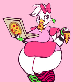 accessory anthro beak belly big_belly big_breasts bow_ribbon bracelet breasts clothed clothed_anthro clothed_female clothing container eyelashes female female_anthro food front_view hair hair_accessory hair_bow hair_ribbon holding_container holding_food holding_object holding_pizza holding_pizza_box huge_thighs jewelry leg_warmers legwear lipstick looking_aside machine makeup overweight overweight_anthro overweight_female pepperoni pink_background pink_body pink_bow pink_lipstick pizza pizza_box ribbons simple_background solo thick_thighs white_body white_hair yellow_beak koboldcourier five_nights_at_freddy's five_nights_at_freddy's:_security_breach scottgames steel_wool_studios glamrock_chica animatronic avian bird chicken galliform gallus_(genus) phasianid robot 2024 digital_media_(artwork) hi_res portrait three-quarter_portrait