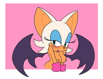 anthro areola bat_wings big_breasts big_ears black_nose blue_eyeshadow blush border breasts brown_areola brown_nipples eyelashes eyeshadow female front_view fur green_eyes makeup membrane_(anatomy) membranous_wings nipples nude orange_body orange_fur pink_background purple_wings simple_background solo white_body white_border white_fur wings cintra_(artist) sega sonic_the_hedgehog_(series) rouge_the_bat bat mammal hi_res