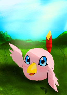 ambiguous_gender beak blue_eyes blue_sky blush blush_lines day feral grass looking_at_viewer nature open_mouth outside pink_body pink_wings plant sky solo wings yellow_beak meraence bandai_namco digimon digimon_(species) poromon 2011 absurd_res hi_res
