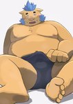 anthro belly blue_hair blush briefs brown_body brown_fur bulge clothed clothing erection erection_under_clothing fur hair male moobs nipples overweight overweight_male solo underwear 9dtq0 lifewonders tokyo_afterschool_summoners ganglie_(tas) mammal suid suina sus_(pig) wild_boar absurd_res hi_res