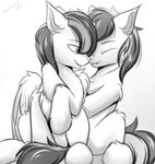 feral horn hug male male/male smile wings snowstormbat hasbro my_little_pony mythology ambrosia_firehoof fan_character frozen_night equid equine horse mammal mythological_creature mythological_equine pegasus pony unicorn comic hi_res monochrome