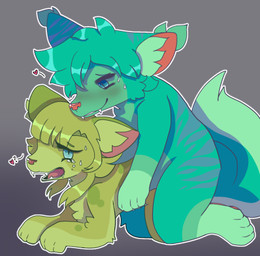 bangs blue_eyes blush bodily_fluids duo ear_tuft fangs female feral from_behind_position fur gloves_(marking) green_body green_fur green_hair green_spots hair heart_symbol inner_ear_fluff leg_markings male male/female markings mole_(marking) mole_under_eye mounting open_mouth pawpads pink_nose pink_pawpads sex socks_(marking) spots striped_ears striped_markings stripes sweat sweatdrop tail teal_body teal_fur teal_hair tears teeth tuft unknown_artist your_turn_to_die kanna_kizuchi shin_tsukimi felid feline mammal 2021 cel_shading digital_media_(artwork) low_res shaded