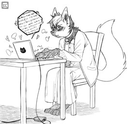 ambiguous_gender anthro biped blush bodily_fluids cable cardigan collar computer ear_piercing electronics emanata furniture heart_symbol laptop leaf logo motion_lines piercing pixelated pixelated_text simple_background sitting solo sound_effects speech_bubble sweat table typing white_background chimeracauldron canid canine fox mammal artist_logo digital_drawing_(artwork) digital_media_(artwork) hi_res monochrome