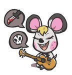 anthro black_clothing black_ear_tips black_feet black_hands black_nose blonde_hair clothing dipstick_ears ear_markings eyelashes eyes_closed feet female female_anthro fur grey_body grey_ears grey_fur guitar hair holding_guitar holding_musical_instrument holding_object mouse_ears multicolored_ears musical_instrument open_mouth open_smile pink_inner_ear pink_tongue plucked_string_instrument rat_tail round_ears simple_background sitting skull_symbol smile solo string_instrument tail teeth tongue two_tone_ears white_background conditional_dnp gummuru animal_crossing nintendo bella_(animal_crossing) mammal murid murine rat rodent 2021