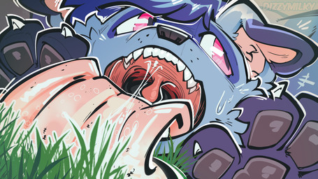 anthro blue_body blue_fur bodily_fluids extreme_size_difference fur grass licking looking_back micro nano plant saliva size_difference solo sweat sweatdrop tongue tongue_out uvula vore dizzymilky canid canine canis domestic_dog mammal 16:9 absurd_res digital_media_(artwork) hi_res widescreen