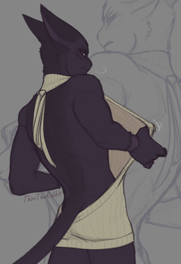 3_eyes anthro back_muscles black_body black_fur blush blush_lines clothing clothing_pull ears_back femboy frown fur looking_at_viewer looking_back male multi_eye open_back_sweater pivoted_ears rear_view scar scowl solo sweater topwear virgin_killer_sweater thiritherabbit cult_of_the_lamb massive_monster_(studio) meme_clothing narinder domestic_cat felid feline felis mammal hi_res meme
