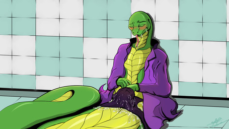 anthro apode blush bodily_fluids clothed clothing female forked_tongue genital_fluids green_body green_scales legless masturbation masturbation_through_clothing on_ground partially_clothed purple_clothing purple_underwear saliva scales serpentine simple_background solo tongue tongue_out underwear vaginal_fluids yellow_body yellow_scales tobiasnana melissa_(tobiasnana) draconcopode naga reptile scalie snake 16:9 hi_res widescreen