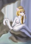 anthro arm_support arm_tuft blonde_hair blurred_background breasts ear_piercing eyeshadow female fur green_eyes hair inner_ear_fluff looking_at_viewer makeup nipples nude outside piercing pink_nose ponytail shoulder_tuft smile solo tuft waterfall white_body white_fur wenqu0304 alisa_(iskra) domestic_cat felid feline felis mammal 2018 hi_res