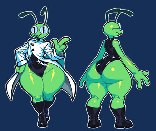 antennae_(anatomy) anthro big_butt boots butt clothing coat eyewear footwear glasses green_body huge_hips huge_thighs lab_coat latex latex_clothing leotard male nerd round_glasses shoes small_waist solo thick_thighs topwear wide_hips gronkusdoesagig arthropod insect alpha_channel