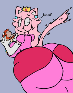 anthro armwear big_breasts big_butt breasts butt butt_expansion clothing crown dress ear_piercing ear_ring eating elbow_gloves expansion female fungus gloves hair handwear headgear huge_butt mushroom piercing pink_body pink_clothing pink_hair ring_piercing solo super_mushroom surprised tail spicyredacted mario_bros nintendo princess_peach sarah_kattina_(spicysierra) domestic_cat felid feline felis goo_creature mammal hi_res