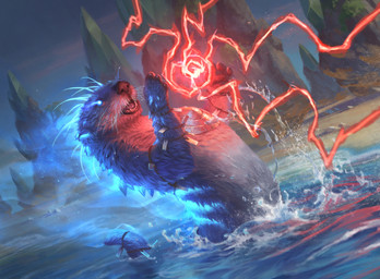ambiguous_gender beach blue_body blue_fur dutch_angle electricity electricity_manipulation elemental_manipulation feral fur glowing glowing_body glowing_eyes magic open_mouth outside partially_submerged rock solo tail water whiskers lie_setiawan hasbro magic:_the_gathering wizards_of_the_coast lutri_(magic:_the_gathering) mammal mustelid otter 2020 hi_res official_art