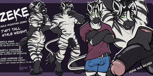anthro balls big_balls big_penis bodily_fluids genital_fluids genitals huge_penis humanoid_genitalia humanoid_penis male muscular muscular_anthro muscular_male penis precum solo stated_height stated_penis_size stated_weight text tenkellyart equid equine mammal mountain_zebra zebra english_text hi_res model_sheet