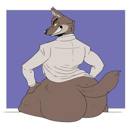 anthro big_butt bottomless bottomless_anthro bottomless_male butt clenched_teeth clothed clothing fangs fur huge_butt looking_at_viewer looking_back looking_back_at_viewer male rear_view sitting smile smiling_at_viewer solo tail teeth topwear reagan700 dreamworks the_bad_guys mr._wolf_(the_bad_guys) canid canine canis mammal wolf 2026 hi_res