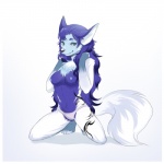 anthro blue_hair breasts clothed clothing female hair looking_at_viewer nipples panties simple_background skimpy solo tail tattoo topless underwear yannlian canid canine fox mammal 1:1