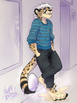 anthro barefoot black_nose black_pawpads black_spots bodily_fluids bottomwear casual_wetting claws clothing countershade_tail countershading crossed_legs denim denim_bottomwear denim_clothing dipstick_tail fangs feet fur genital_fluids hair hand_in_pocket hands_in_both_pockets jeans leaning leaning_on_wall looking_pleasured male markings pants pawpads pockets public public_urination purple_eyes restroom_sign smile solo spots spotted_body spotted_fur sweater tail tail_markings tan_body tan_fur teeth theater topwear urine urine_drip urine_on_fur urine_on_ground urine_on_paw urine_on_self urine_on_tail urine_pool watersports wetting white_claws white_hair white_tail_tip conditional_dnp garnetto dropp cheetah felid feline mammal absurd_res hi_res