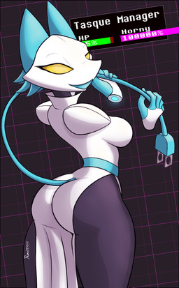 5_fingers anthro breasts butt clothing eyelashes female fingers floating_hands machine solo text ravirr deltarune undertale_(series) tasque_manager darkner felid feline mammal robot robot_anthro 2022 absurd_res digital_media_(artwork) english_text hi_res