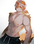 anthro areola bottomwear clothed clothing fur hair horn long_hair looking_at_viewer male multicolored_body multicolored_fur multicolored_hair orange_hair orange_horn pants solo tail tan_body tan_fur topless topless_anthro topless_male two_tone_body two_tone_fur two_tone_hair white_body white_fur white_hair yellow_eyes axianorange arknights hypergryph studio_montagne hung_(arknights) canid canine canis domestic_dog mammal 2024 absurd_res hi_res