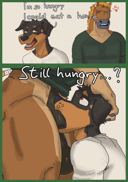 anthro balls big_balls bottomless clothed clothing deep_throat dialogue duo genitals male male/male muscular oral oral_penetration penetration penis saggy_balls sex shirt topwear anders-glyc canid canine canis domestic_dog equid equine horse mammal mastiff molosser rottweiler absurd_res comic hi_res