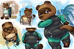 anthro balls balls_outline belly big_belly blue_eyes blush bottomwear brown_body bulge butt clothing detailed_bulge genital_outline genitals kemono male outside overweight overweight_male palm_tree penis_outline plant shirt shorts solo text topwear tree undressing wetsuit sakusan_kc animal_crossing nintendo tom_nook_(animal_crossing) canid canine mammal raccoon_dog tanuki 2024 absurd_res hi_res japanese_text