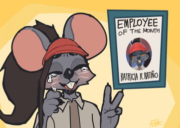anthro bent_whiskers biped blush bodily_fluids claws clothed clothed_anthro clothed_female clothing crying female fingers front_view fur gesture hair hand_gesture hat headgear headwear simple_background smile solo tears tears_of_joy teeth text tongue topwear v_sign whiskers el-k ratricia_(el-k) mammal mouse murid murine rodent 2026 absurd_res digital_drawing_(artwork) digital_media_(artwork) english_text hi_res