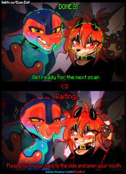 anthro blush blush_lines bodily_fluids clothed clothing duo erection eyelashes femboy freckled_face freckles fur genitals glistening_eyelids hair long_eyelashes male male/male motion_lines nude open_mouth penis sex simple_background smile text cum.cat mythology nami_(zipper_7z) penta_(cum.cat) canid canine dragon fennec_fox fox mammal mythological_creature mythological_scalie scalie true_fox comic digital_media_(artwork) english_text hi_res