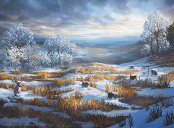 ambiguous_gender antlers cloud day detailed_background feral fur grey_body grey_fur horn mountain outside plains plant snow snow_on_trees solo standing tree tree_stump alayna_danner hasbro magic:_the_gathering wizards_of_the_coast jackalope lagomorph mammal 2019 digital_media_(artwork) hi_res official_art