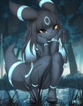 anthro blush convenient_censorship crouching female forest looking_at_viewer nude plant solo tree water rilex_lenov nintendo pokemon rika_(rilex_lenov) eeveelution generation_2_pokemon pokemon_(species) shiny_pokemon umbreon 2022 hi_res