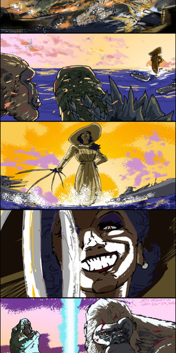 blood bodily_fluids clothed clothing dress female fight hat headgear headwear macro sun_hat sundress water wide_brim_hat wounded jedsegovia capcom godzilla_(series) godzilla_vs._kong king_kong_(series) monsterverse resident_evil toho alcina_dimitrescu godzilla godzilla_(2014) king_kong ape bow_experiment_(resident_evil) cadou_host_(resident_evil) gorilla haplorhine human humanoid kaiju mammal primate scalie vampire absurd_res comic hi_res