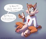 anthro balls big_balls big_penis bottomless clothed clothing dialogue erection feet fur genitals hair huge_penis humanoid_genitalia humanoid_penis hyper hyper_genitalia hyper_penis male penis shirt simple_background solo tail text topwear eddyratt keysquid bubsy_(series) bubsy bobcat felid feline lynx mammal 2025 colored comic digital_drawing_(artwork) digital_media_(artwork) english_text shaded signature