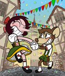 accessory aged_down anthro blush bottomwear bow_(feature) bow_accessory bow_ribbon brown_body brown_fur brown_hair brown_nose building city city_background clothed clothing cobbled_street cobblestone cobblestone_streets confetti dancing dirndl dress duo eyelashes eyes_closed female festival festive flag flustered folk_clothes footwear fur germanic gloves hair hair_accessory hair_bow hair_ribbon hand_holding hands_together handwear happy headgear headwear holidays larger_female lederhosen long_nose looking_at_another looking_at_partner male male/female overalls pointy_nose raised_leg ribbons shirt shoes short_hair shorts size_difference skirt sky smaller_anthro smaller_male smile socks toothy_grin topwear tower young young_anthro young_female young_human young_male killb94_(artist) cuphead_(game) oktoberfest hilda_berg werner_werman brown_rat human humanoid mammal mouse murid murine rat rodent
