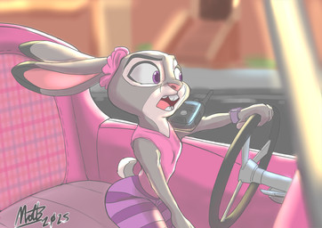 anthro bottomwear breasts car car_interior clock clothing driving ear_tie ears_as_hair electronics female pattern_bottomwear pattern_clothing ponytail_ears purple_eyes scrunchie scut_tail short_tail small_breasts solo steering_wheel striped_bottomwear striped_clothing stripes tail tight_bottomwear tight_clothing vehicle walkie-talkie watch nickofthebra disney zootopia judy_hopps european_rabbit lagomorph leporid mammal oryctolagus rabbit 2025 absurd_res hi_res signature