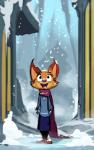 aged_down anthro big_ears blue_eyes city clothed clothing fangs female happy looking_up outside scarf smile snow snowing solo standing teeth young young_anthro ruffu disney zootopia fan_character megan_fawkes canid canine fox mammal red_fox true_fox hi_res