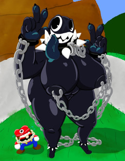 anklet anthro big_breasts bodily_fluids bound bracelet breasts chain chained claws collar duo extreme_size_difference feet female genitals grass grass_field jewelry legband long_tongue male mountain nails nipple_chain nipples pawpads perspective perspective_shot pie_cut_eyes plant sharp_teeth size_difference sky slightly_chubby small_feet small_head spiked_anklet spiked_collar spiked_legband spikes sweat teeth thick_thighs tongue vulva wrist_chains crazy_8_animations mario_bros nintendo gigi_(thecoatl034) mario chain_chomp human humanoid mammal