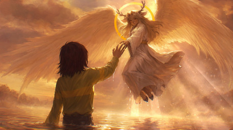 ambiguous_gender angelic anthro antlers blonde_hair brown_hair clothing deer_ears detailed_background dripping dripping_wet duo feathered_wings feathers female floating green_clothing green_shirt green_topwear hair halo hooves horn light light_beam looking_down partially_submerged pattern_clothing pattern_topwear reaching_out rear_view ring_(jewelry) ripples robe shirt snowgrave striped_clothing striped_topwear stripes sunbeam sunlight sunset topwear water wet wings aswn00 deltarune undertale_(series) kris_dreemurr noelle_holiday deer human mammal 2026 chromatic_aberration detailed digital_media_(artwork) digital_painting_(artwork) hi_res painting_(artwork)