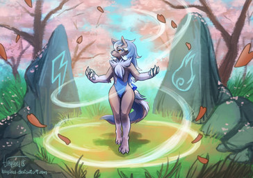 alternate_color anthro anthrofied biped blue_body blue_fur blue_hair brown_body brown_fur claws detailed_background female fur hair long_hair magic nature nude orange_eyes outdoor_nudity outside plant pokemorph rock sky solo standing text toe_claws tree white_body white_fur white_hair wide_hips wind haychel nintendo pokemon canid canine generation_5_pokemon mammal pokemon_(species) zoroark 2015 english_text